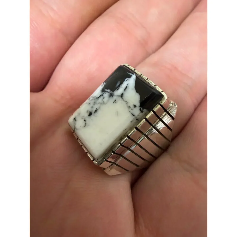 Navajo White Buffalo Turquoise Men's Ring Size 10 Silver  Sterling - Trevor Jack